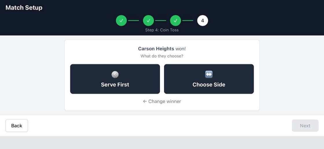 Coin toss screen for confirming first serve and which side each team plays on.