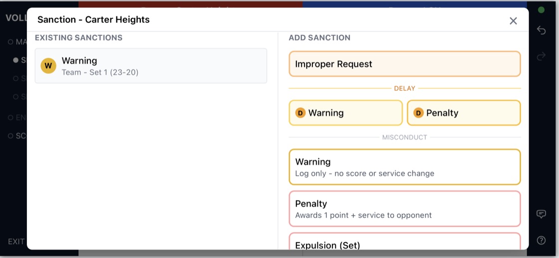 Form for recording a warning, penalty or comment during a match.