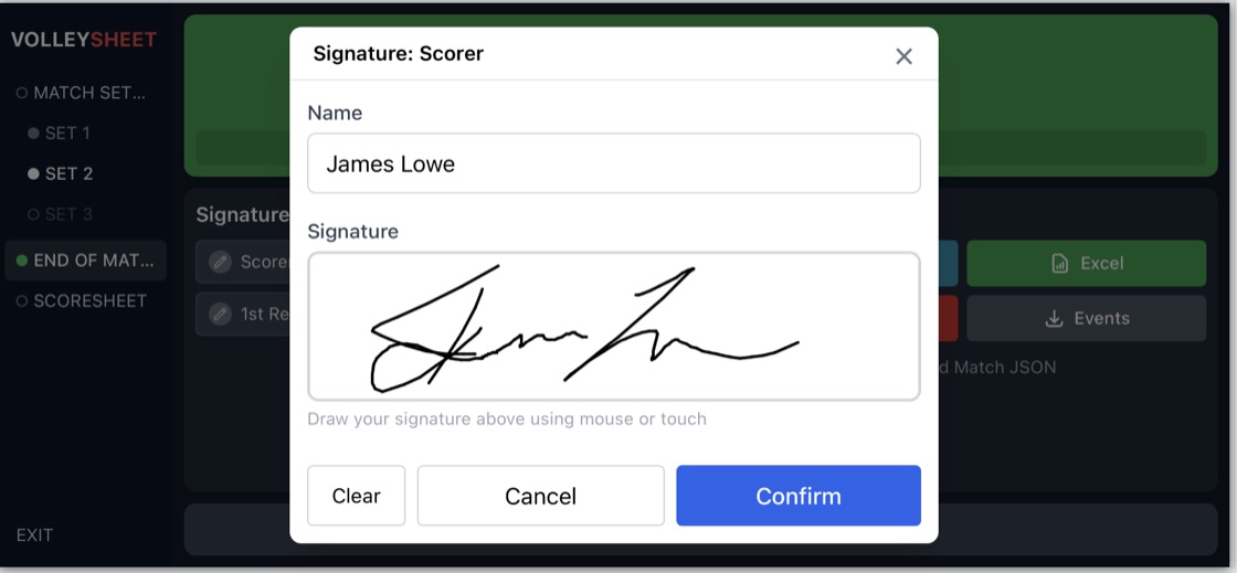 Signature capture screen with a signature drawn on screen.