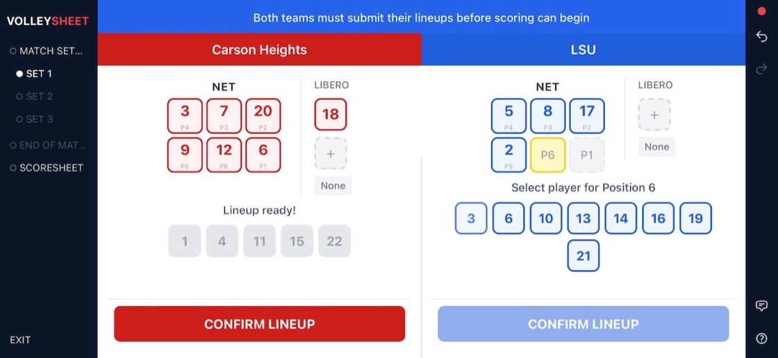 Starting rotation entry showing six court positions and a libero for each team.