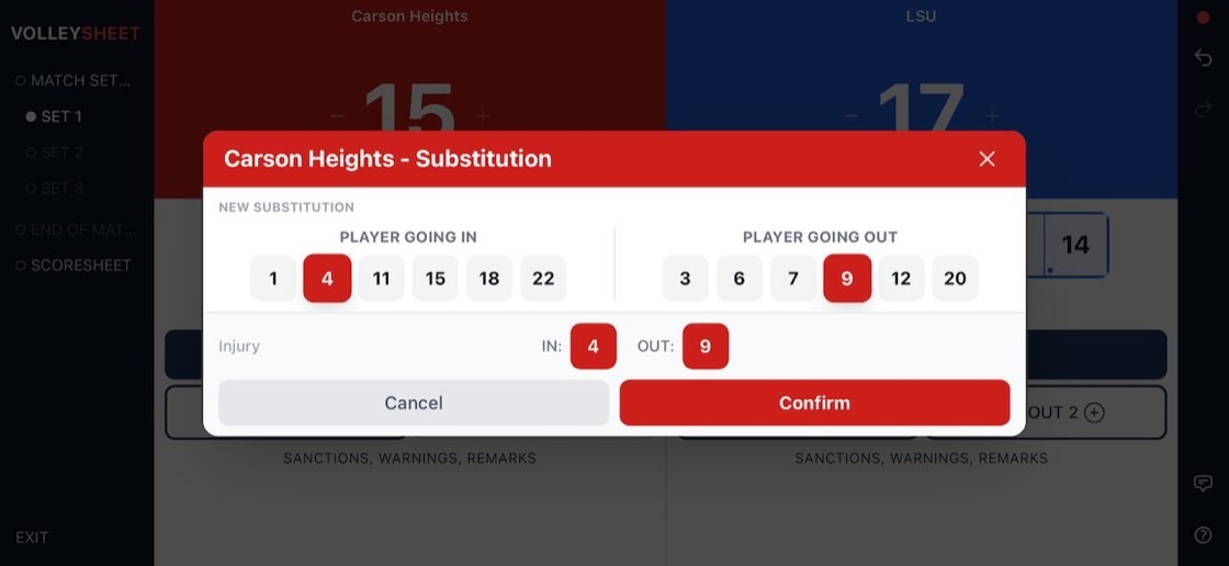 Substitution screen for choosing the player coming in and the player going out.