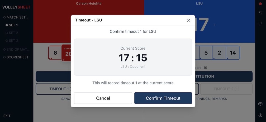 Timeout buttons for each team on the scoring screen.